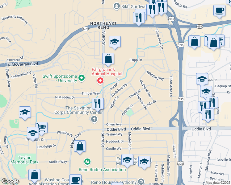 map of restaurants, bars, coffee shops, grocery stores, and more near 1935 Wedekind Road in Reno