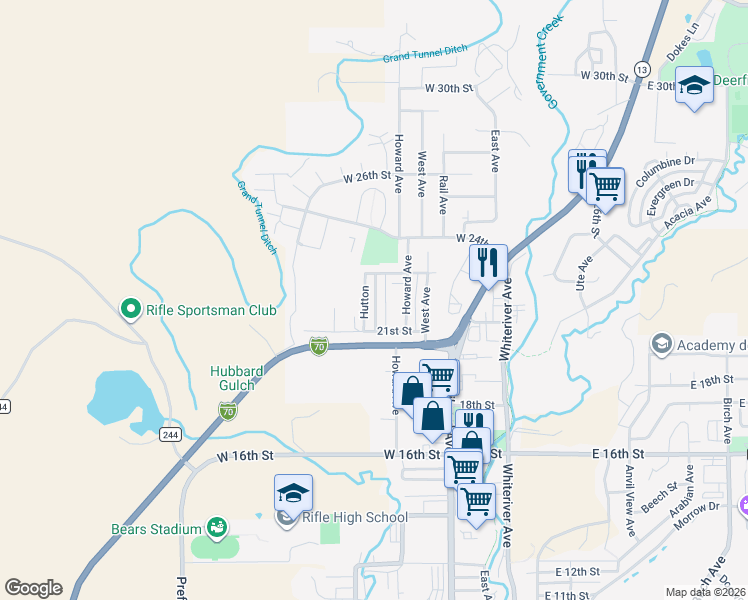map of restaurants, bars, coffee shops, grocery stores, and more near 200 West 20th Street in Rifle