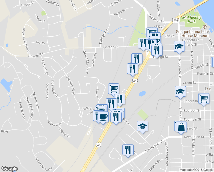 map of restaurants, bars, coffee shops, grocery stores, and more near 1343 Lewis Lane in Havre de Grace
