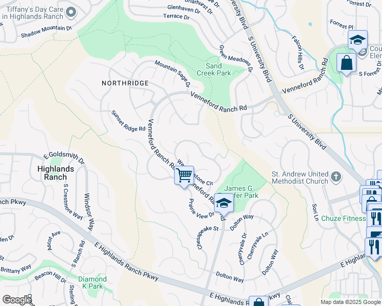 map of restaurants, bars, coffee shops, grocery stores, and more near 9242 Millcreek Court in Littleton