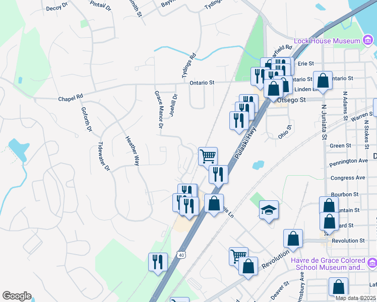 map of restaurants, bars, coffee shops, grocery stores, and more near 1330 Lewis Lane in Havre de Grace