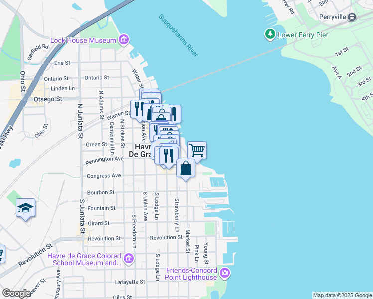 map of restaurants, bars, coffee shops, grocery stores, and more near 207 Seneca Way in Havre de Grace