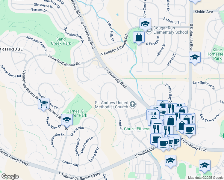 map of restaurants, bars, coffee shops, grocery stores, and more near 9226 Sori Lane in Littleton