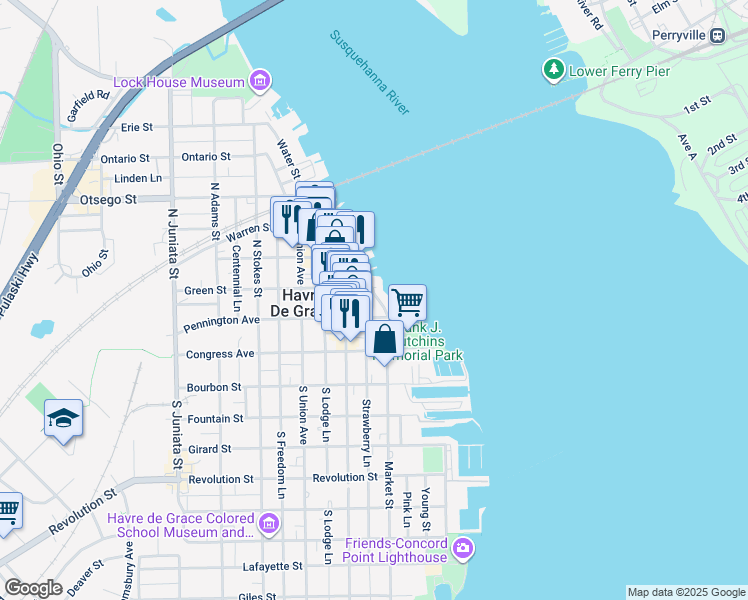 map of restaurants, bars, coffee shops, grocery stores, and more near 204 Seneca Way in Havre de Grace