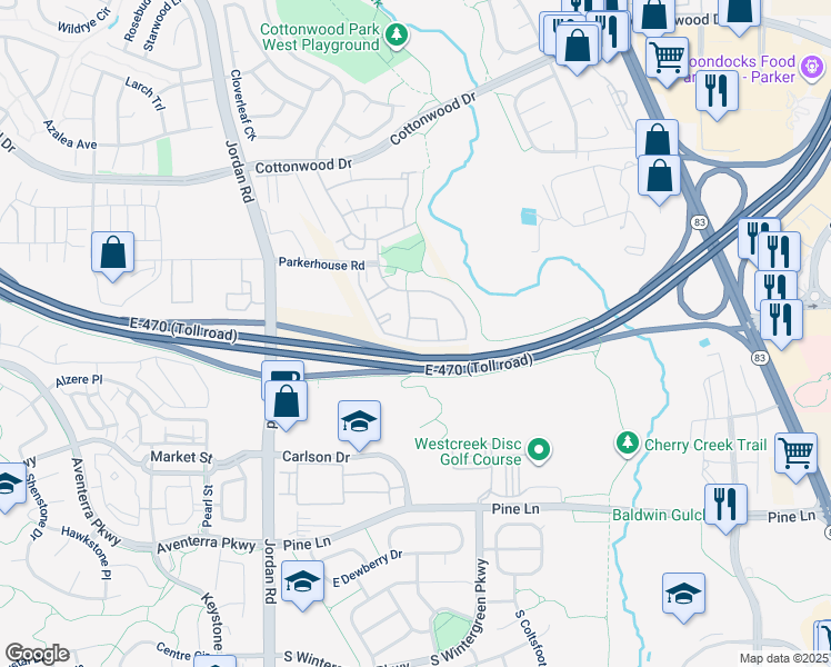 map of restaurants, bars, coffee shops, grocery stores, and more near 68 Wilde Avenue in Parker