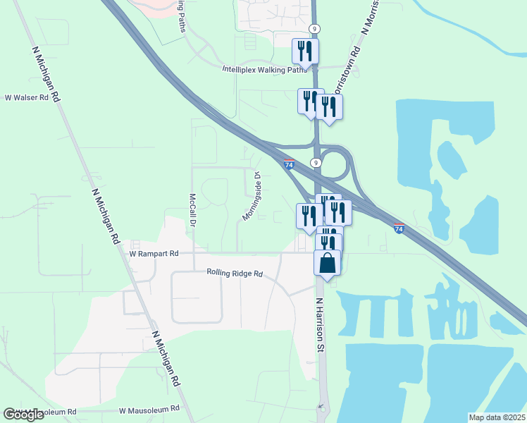 map of restaurants, bars, coffee shops, grocery stores, and more near 1714 Morningside Drive in Shelbyville