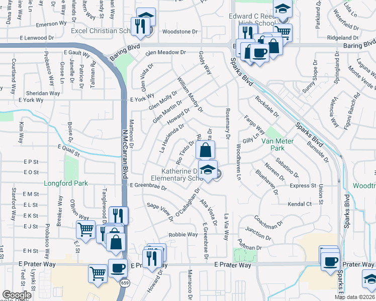 map of restaurants, bars, coffee shops, grocery stores, and more near 1884 Rio Tinto Drive in Sparks