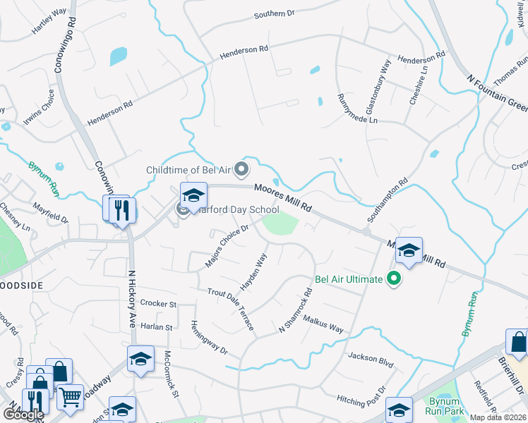 map of restaurants, bars, coffee shops, grocery stores, and more near 901 Grayson Square in Bel Air