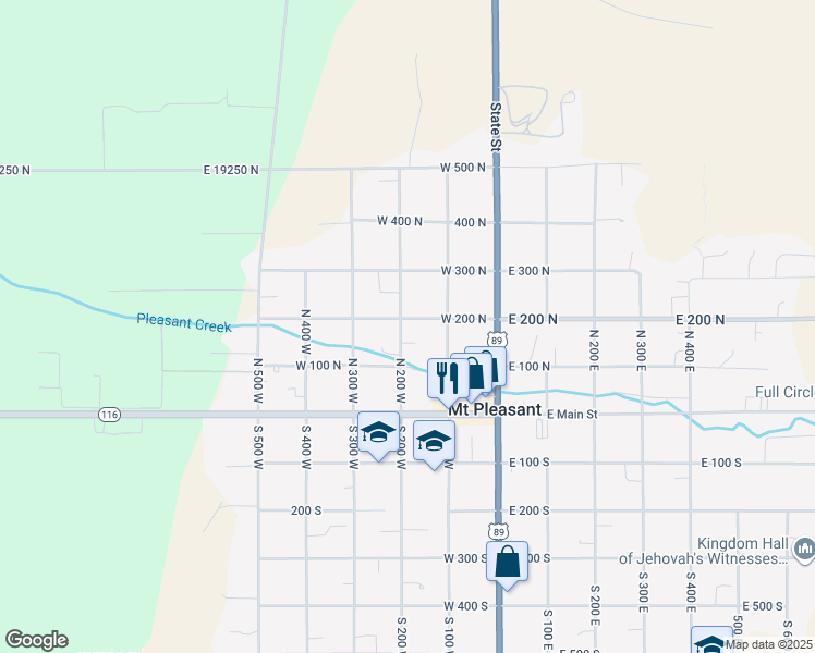 map of restaurants, bars, coffee shops, grocery stores, and more near 188 North 200 West in Mount Pleasant