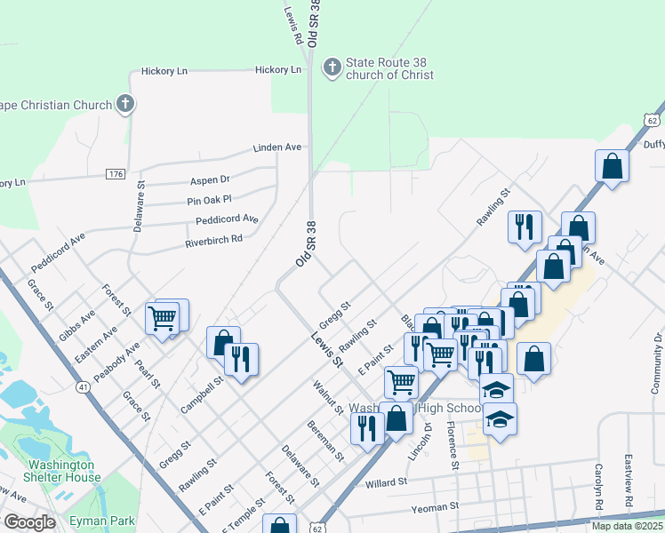 map of restaurants, bars, coffee shops, grocery stores, and more near 1110 Campbell Street in Washington Court House