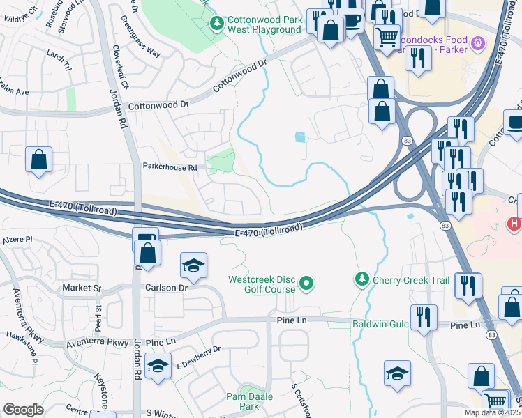 map of restaurants, bars, coffee shops, grocery stores, and more near 19834 Nature Walk Tr in Parker