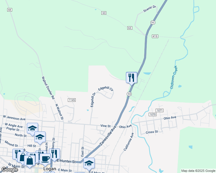 map of restaurants, bars, coffee shops, grocery stores, and more near 557 Edgehill Circle in Logan