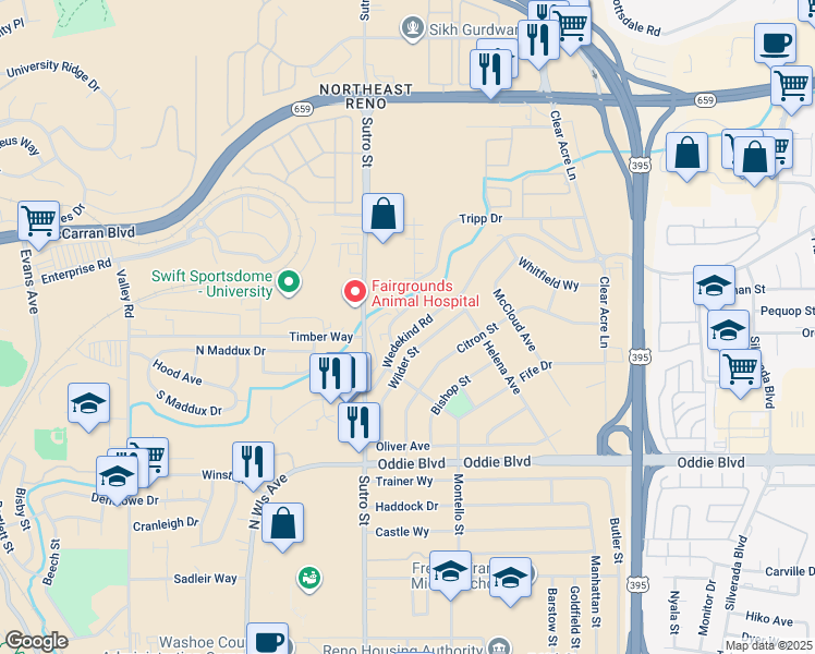map of restaurants, bars, coffee shops, grocery stores, and more near 1927 Wedekind Road in Reno