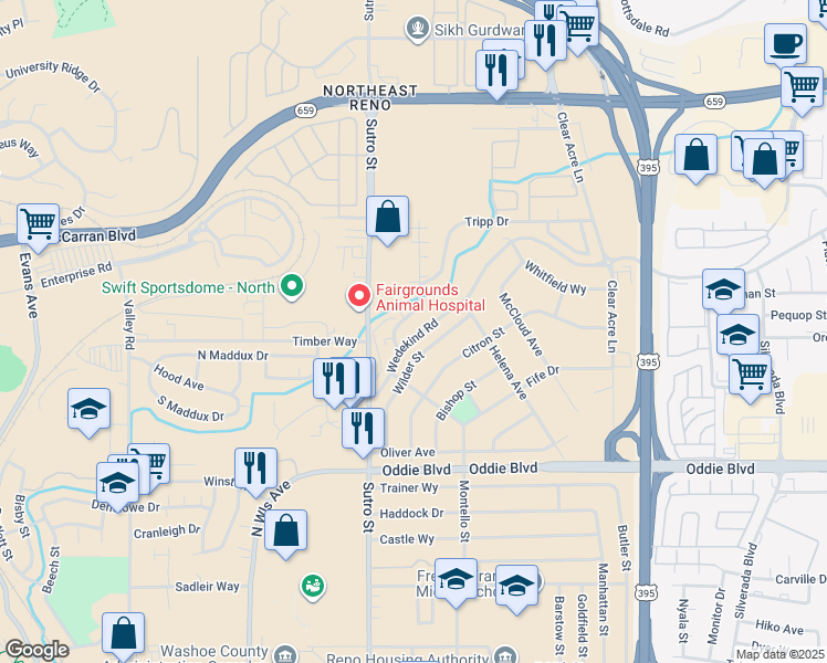 map of restaurants, bars, coffee shops, grocery stores, and more near in Reno