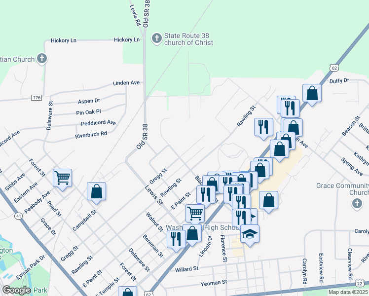 map of restaurants, bars, coffee shops, grocery stores, and more near 1205 Gregg Street in Washington Court House