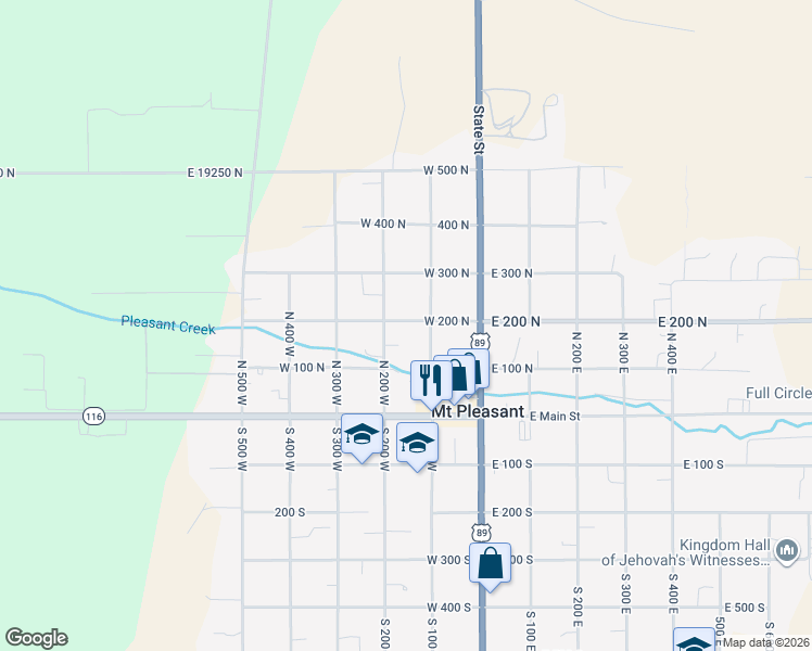 map of restaurants, bars, coffee shops, grocery stores, and more near 155 West 200 North in Mount Pleasant