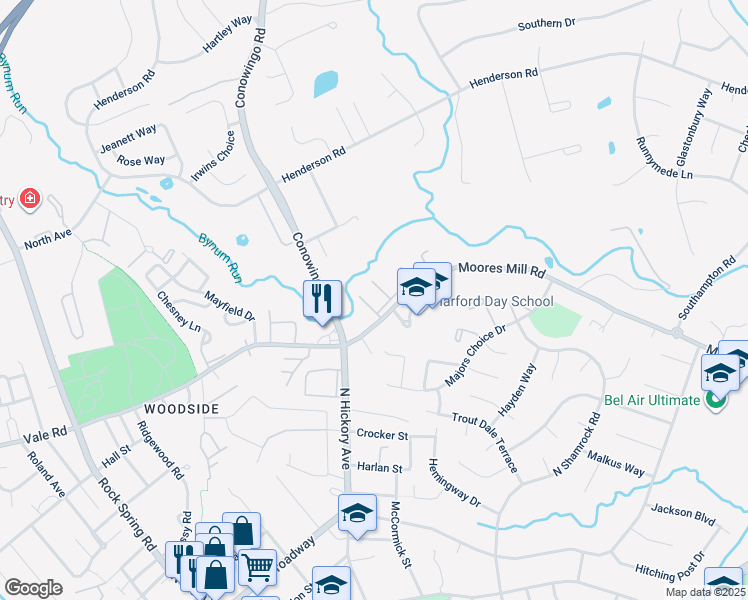 map of restaurants, bars, coffee shops, grocery stores, and more near 803 Almond Court in Bel Air