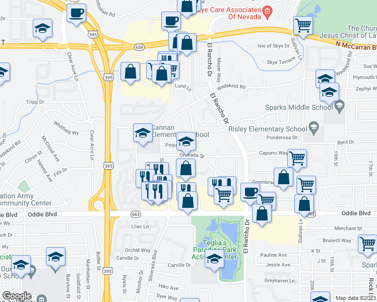 map of restaurants, bars, coffee shops, grocery stores, and more near 2591 Oravada Street in Reno