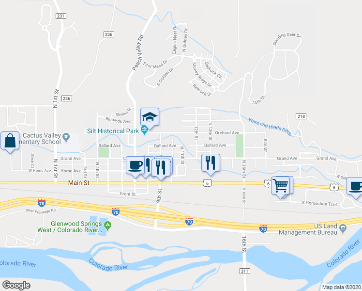 map of restaurants, bars, coffee shops, grocery stores, and more near 1040 Ballard Avenue in Silt