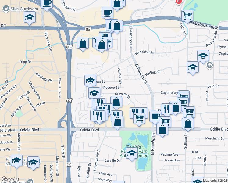 map of restaurants, bars, coffee shops, grocery stores, and more near 2581 Oravada Street in Reno