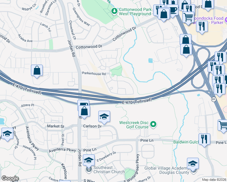 map of restaurants, bars, coffee shops, grocery stores, and more near 68 Wilde Avenue in Parker