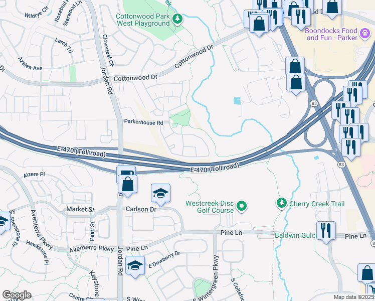 map of restaurants, bars, coffee shops, grocery stores, and more near g11 Wilde Avenue in Parker