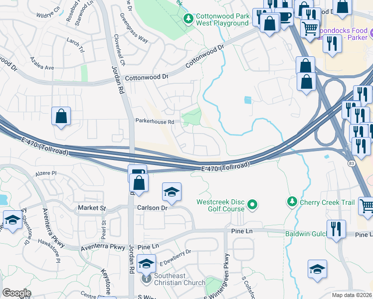 map of restaurants, bars, coffee shops, grocery stores, and more near 68 Wilde Avenue in Parker