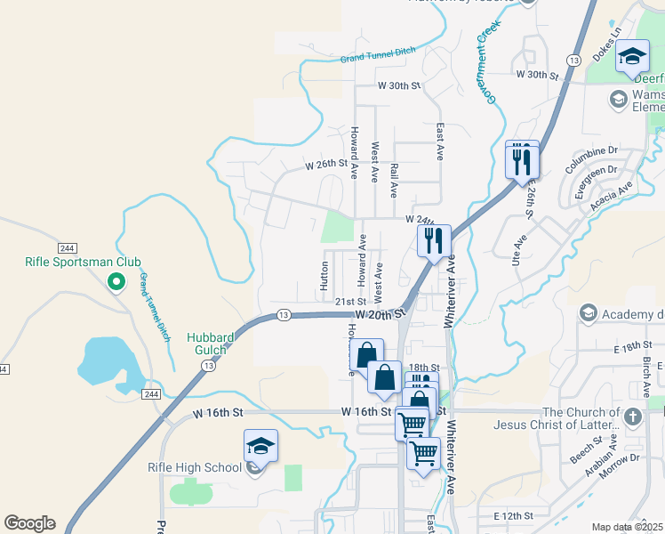 map of restaurants, bars, coffee shops, grocery stores, and more near 200 West 20th Street in Rifle