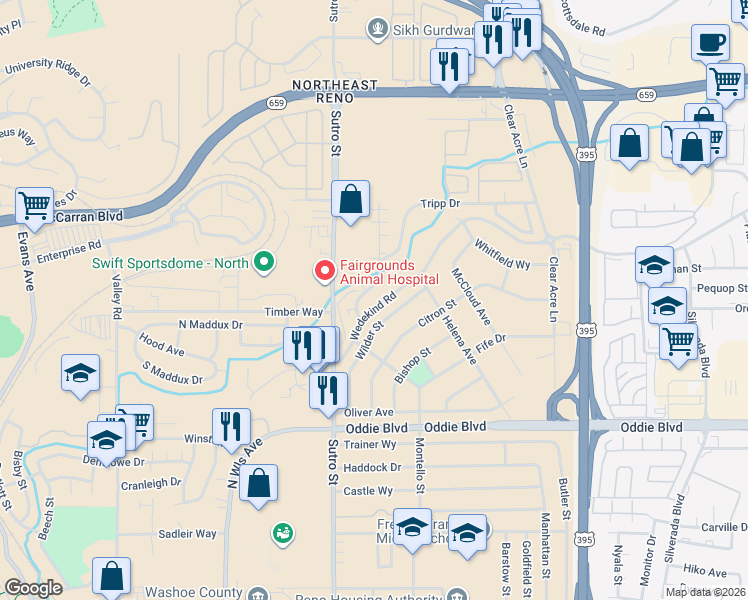 map of restaurants, bars, coffee shops, grocery stores, and more near in Reno