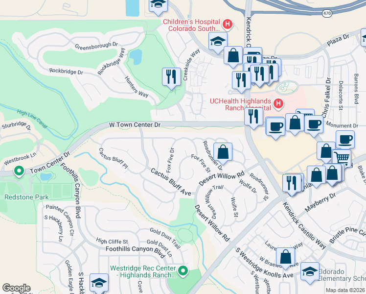 map of restaurants, bars, coffee shops, grocery stores, and more near 9198 Fox Fire Way in Littleton