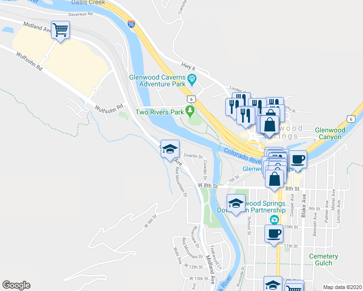 map of restaurants, bars, coffee shops, grocery stores, and more near 701 Midland Avenue in Glenwood Springs