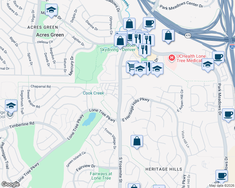 map of restaurants, bars, coffee shops, grocery stores, and more near 8870 Fiesta Terrace in Lone Tree