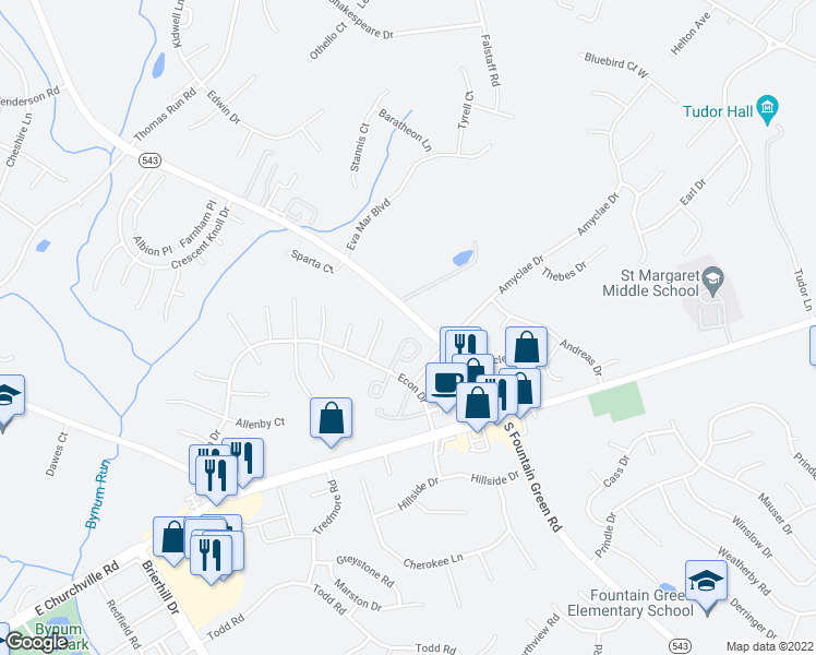 map of restaurants, bars, coffee shops, grocery stores, and more near 1215 Athens Court in Bel Air
