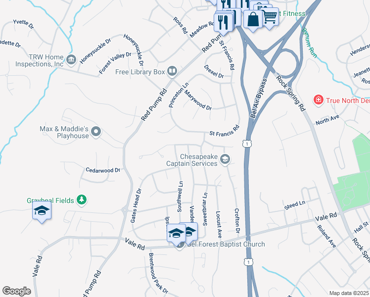 map of restaurants, bars, coffee shops, grocery stores, and more near 509 Westwell Lane in Bel Air