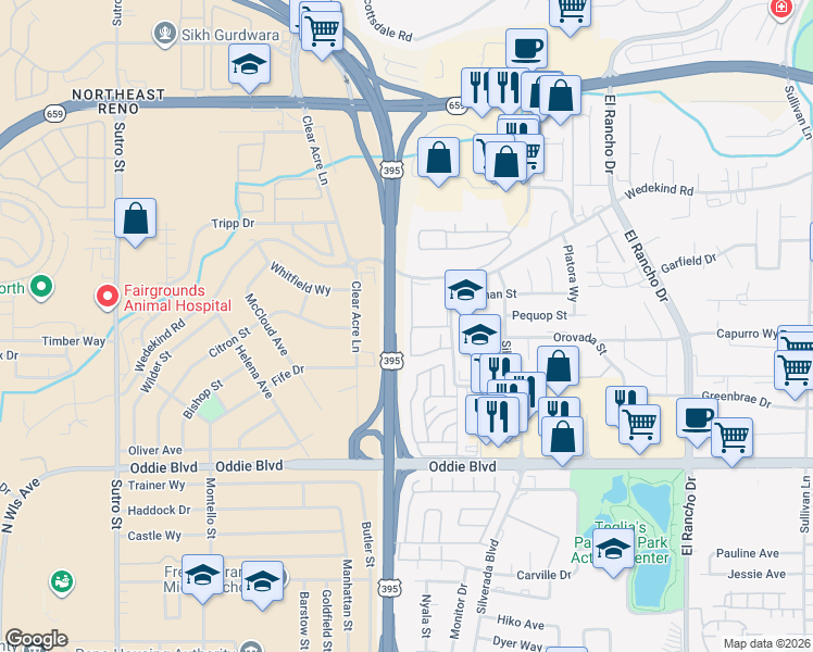 map of restaurants, bars, coffee shops, grocery stores, and more near 2300 Wedekind Road in Reno