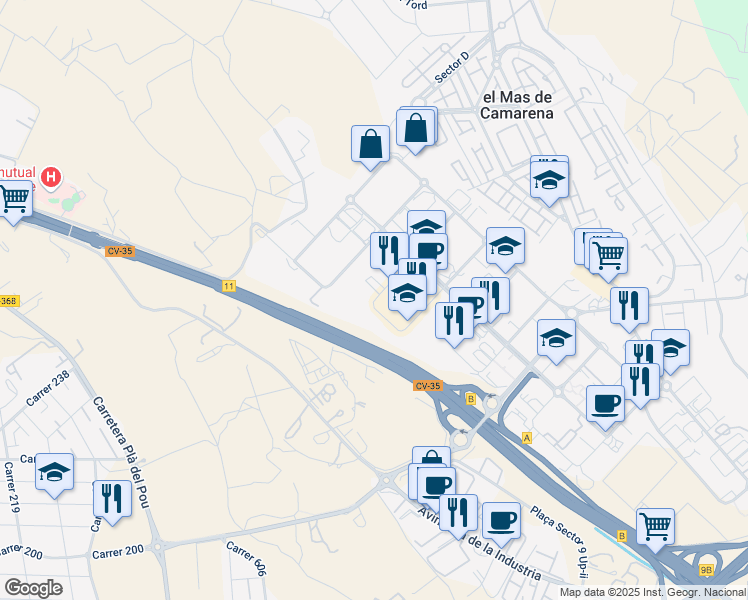map of restaurants, bars, coffee shops, grocery stores, and more near 17 Ronda de Narcís Monturiol in Paterna