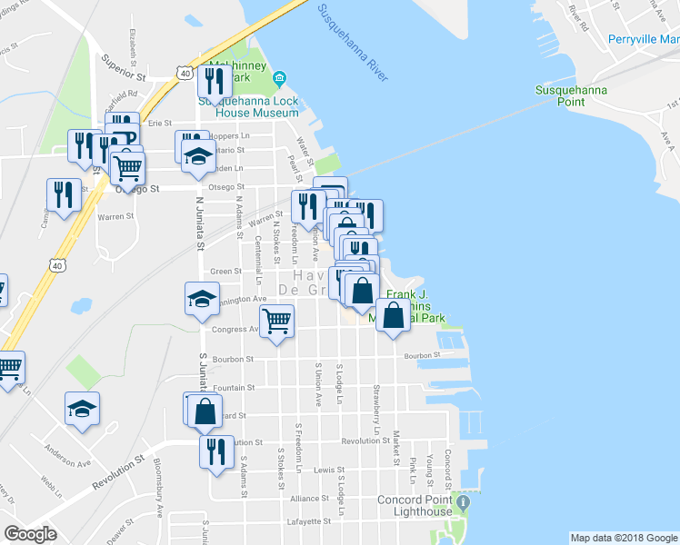 map of restaurants, bars, coffee shops, grocery stores, and more near 414 Green St in Havre de Grace