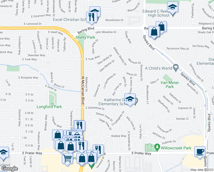 map of restaurants, bars, coffee shops, grocery stores, and more near 2004 La Hacienda Drive in Sparks