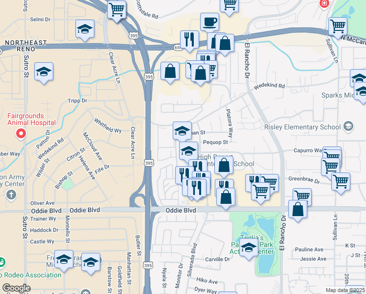map of restaurants, bars, coffee shops, grocery stores, and more near 2450 Cannan Street in Reno