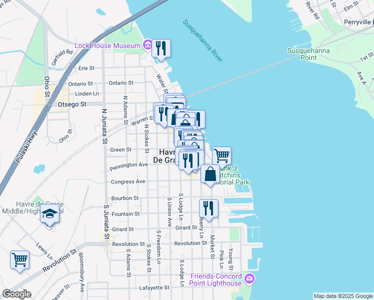 map of restaurants, bars, coffee shops, grocery stores, and more near 238 North Washington Street in Havre de Grace