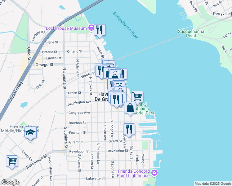 map of restaurants, bars, coffee shops, grocery stores, and more near 238 North Washington Street in Havre de Grace
