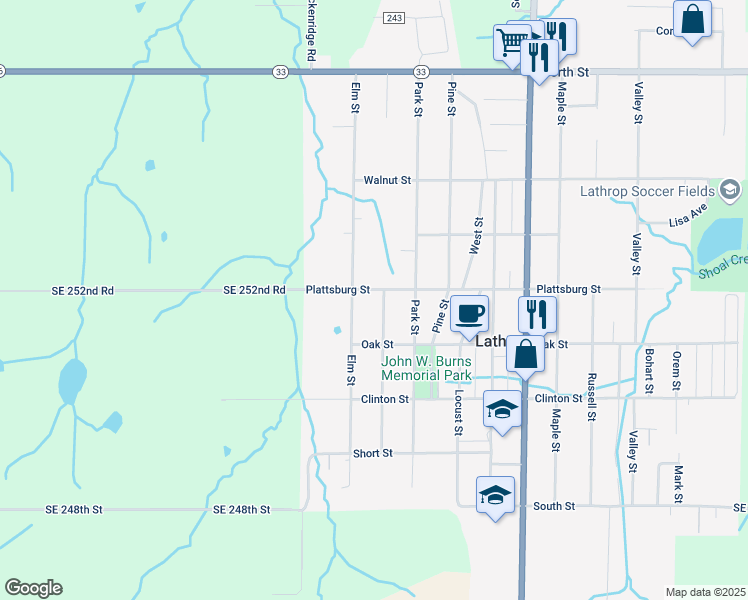 map of restaurants, bars, coffee shops, grocery stores, and more near 407 Ash Street in Lathrop