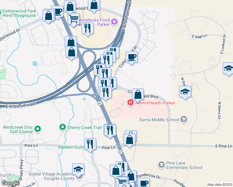 map of restaurants, bars, coffee shops, grocery stores, and more near 9235 Crown Crest Boulevard in Parker