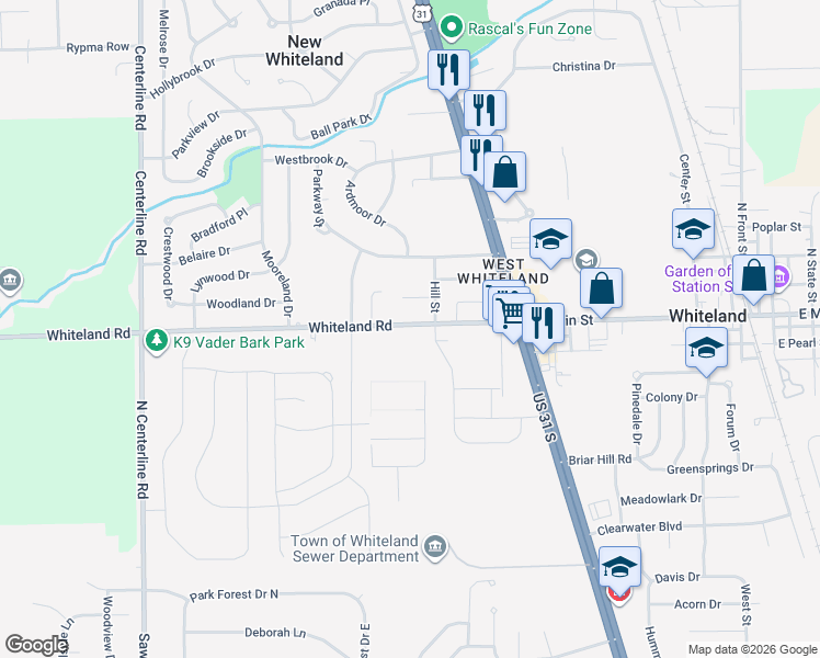map of restaurants, bars, coffee shops, grocery stores, and more near 593 Whiteland Road in Whiteland