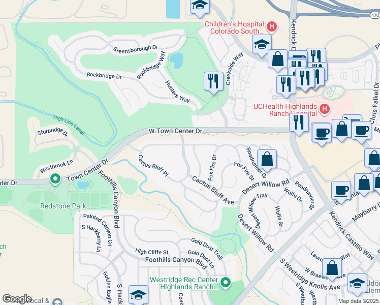 map of restaurants, bars, coffee shops, grocery stores, and more near 9205 South Ironwood Way in Highlands Ranch