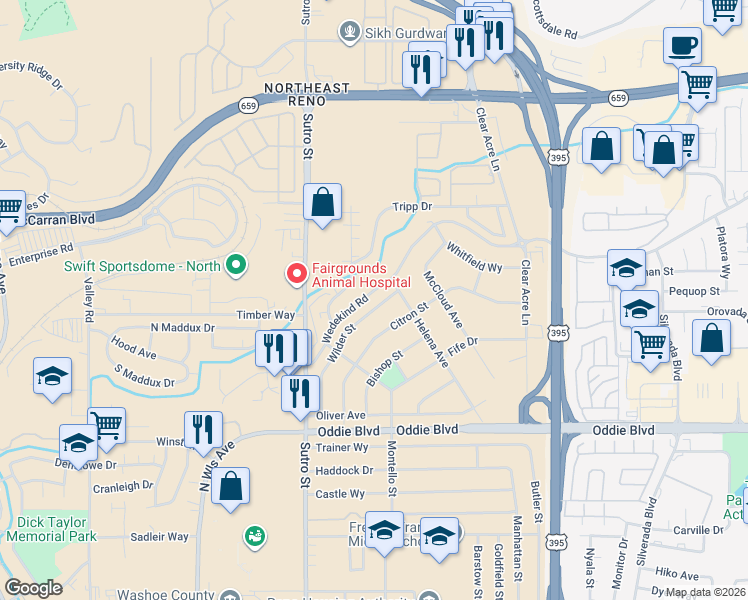map of restaurants, bars, coffee shops, grocery stores, and more near 1950 Wilder Street in Reno