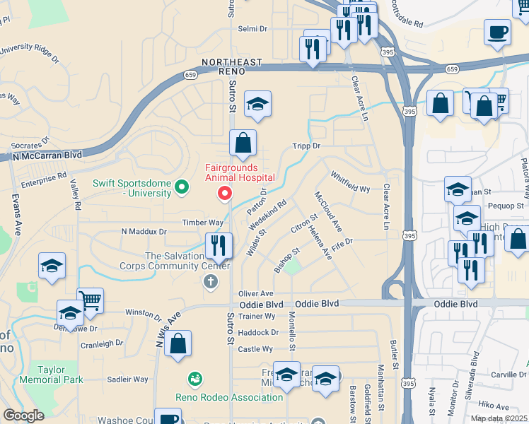 map of restaurants, bars, coffee shops, grocery stores, and more near 1950 Wilder Street in Reno