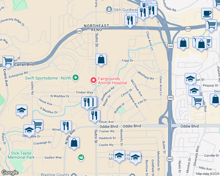 map of restaurants, bars, coffee shops, grocery stores, and more near 1950 Wilder Street in Reno