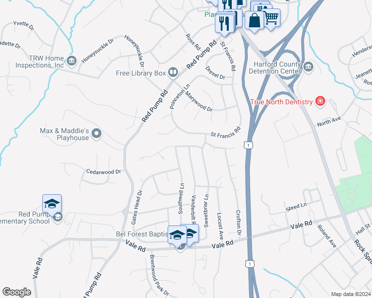 map of restaurants, bars, coffee shops, grocery stores, and more near 509 Westwell Lane in Bel Air