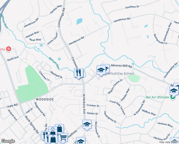 map of restaurants, bars, coffee shops, grocery stores, and more near 803 Almond Court in Bel Air